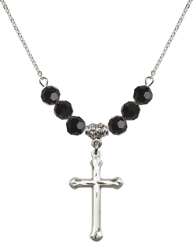 Sterling Silver Cross Birthstone Necklace with Jet Beads - 6022
