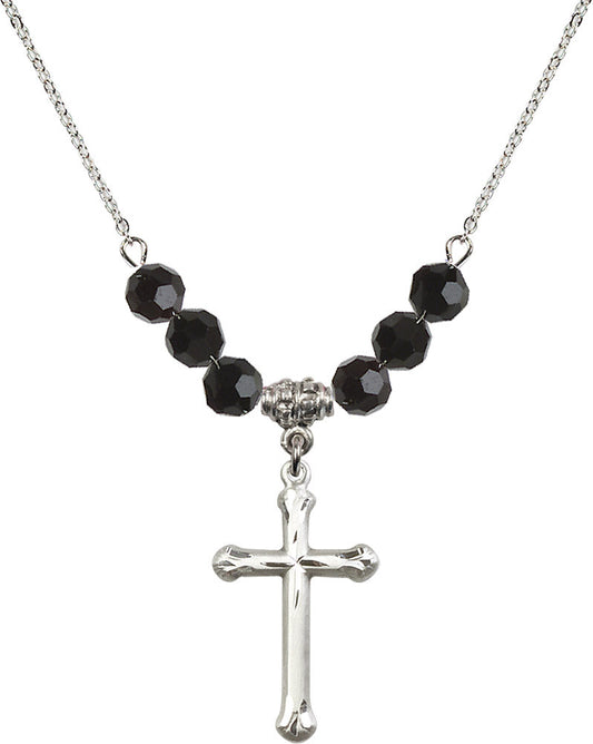 Sterling Silver Cross Birthstone Necklace with Jet Beads - 6022