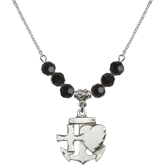 Sterling Silver Faith, Hope & Charity Birthstone Necklace with Jet Beads - 6045