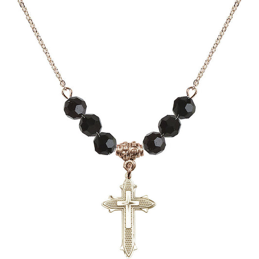 14kt Gold Filled Cross on Cross Birthstone Necklace with Jet Beads - 6058