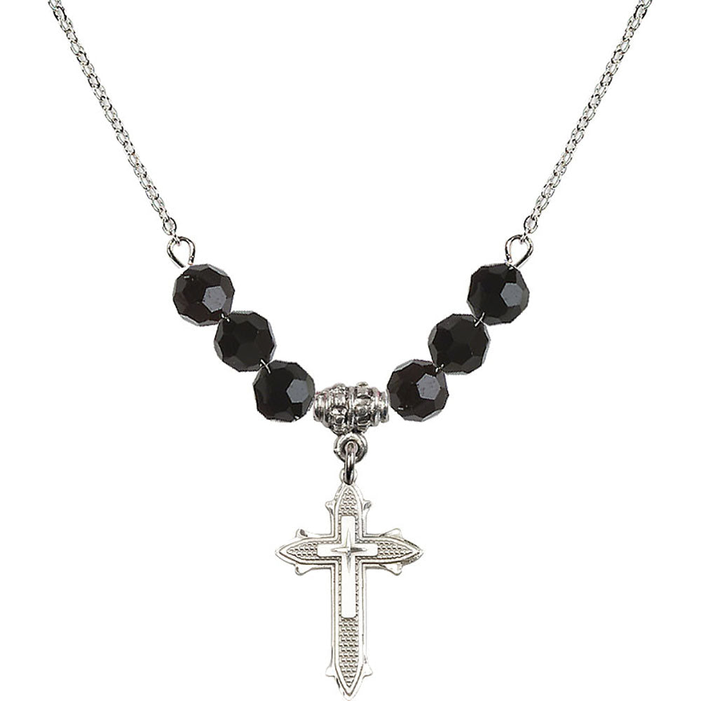 Sterling Silver Cross on Cross Birthstone Necklace with Jet Beads - 6058