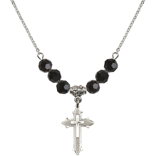 Sterling Silver Cross on Cross Birthstone Necklace with Jet Beads - 6058