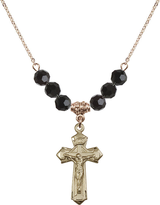 14kt Gold Filled Crucifix Birthstone Necklace with Jet Beads - 6092