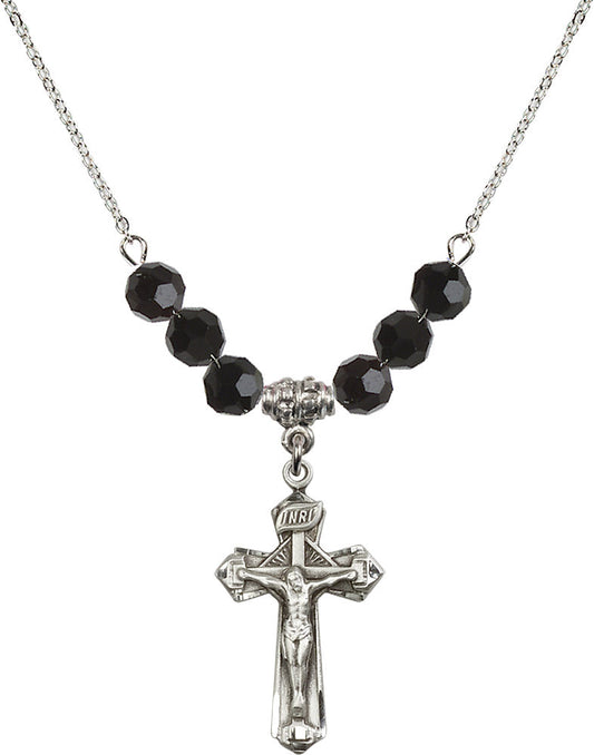 Sterling Silver Crucifix Birthstone Necklace with Jet Beads - 6092