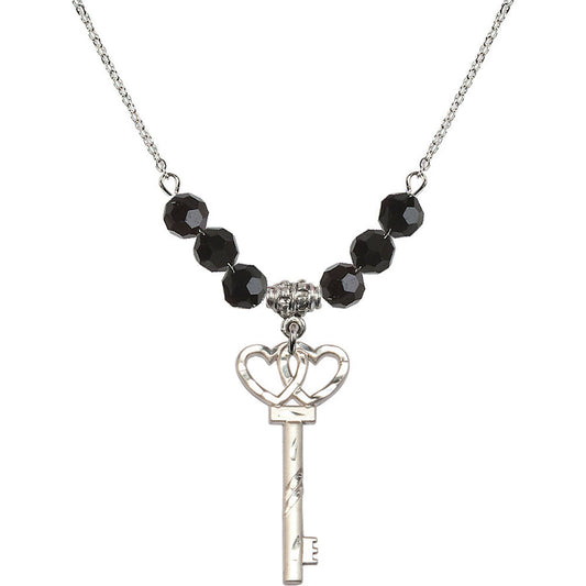 Sterling Silver Small Key w/Double Hearts Birthstone Necklace with Jet Beads - 6213
