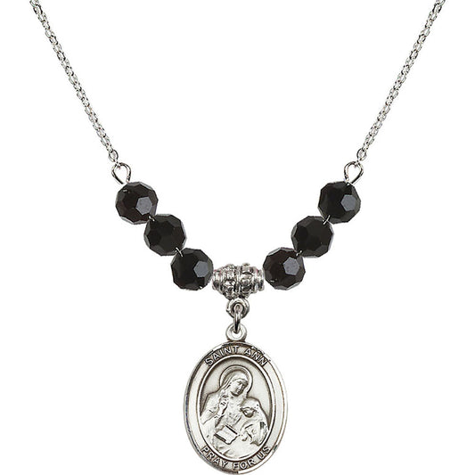 Sterling Silver Saint Ann Birthstone Necklace with Jet Beads - 8002