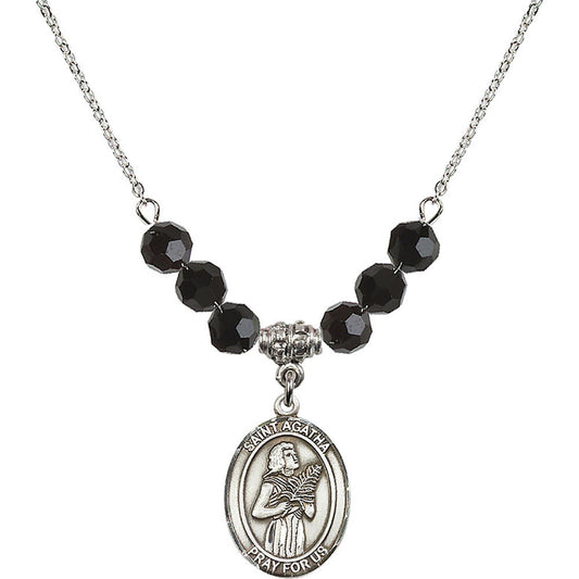 Sterling Silver Saint Agatha Birthstone Necklace with Jet Beads - 8003