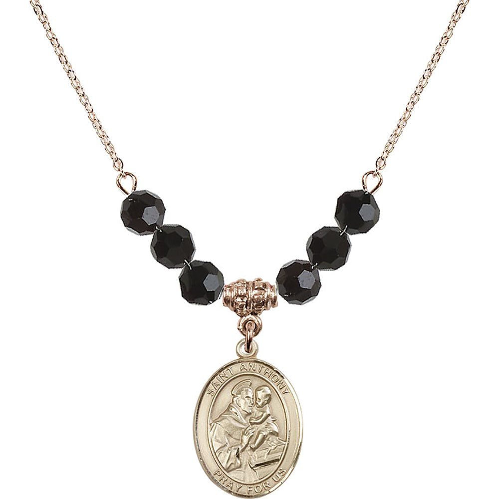14kt Gold Filled Saint Anthony of Padua Birthstone Necklace with Jet Beads - 8004