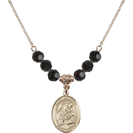 14kt Gold Filled Saint Anthony of Padua Birthstone Necklace with Jet Beads - 8004