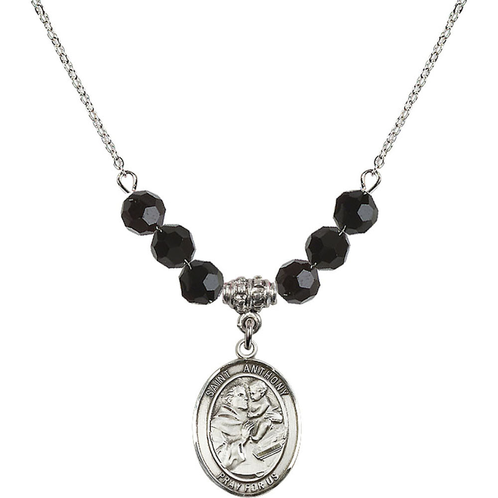 Sterling Silver Saint Anthony of Padua Birthstone Necklace with Jet Beads - 8004