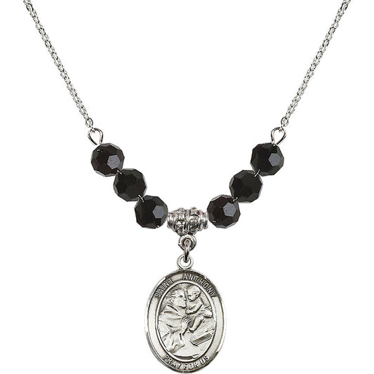 Sterling Silver Saint Anthony of Padua Birthstone Necklace with Jet Beads - 8004