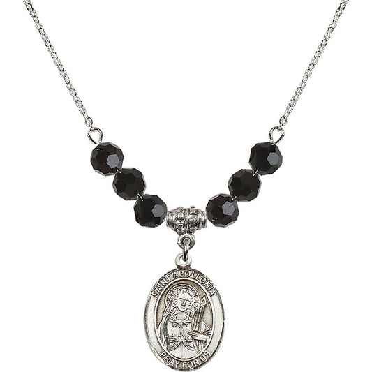 Sterling Silver Saint Apollonia Birthstone Necklace with Jet Beads - 8005