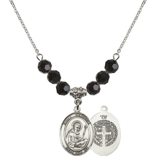 Sterling Silver Saint Benedict Birthstone Necklace with Jet Beads - 8008