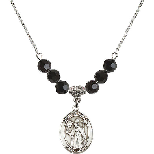 Sterling Silver Saint Boniface Birthstone Necklace with Jet Beads - 8009