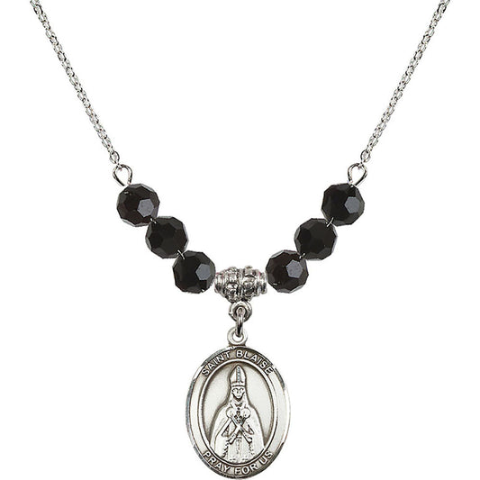 Sterling Silver Saint Blaise Birthstone Necklace with Jet Beads - 8010