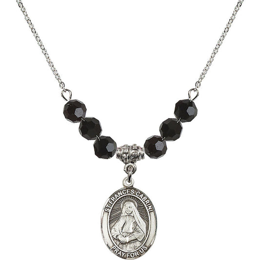 Sterling Silver Saint Frances Cabrini Birthstone Necklace with Jet Beads - 8011
