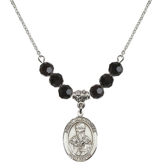 Sterling Silver Saint Alexander Sauli Birthstone Necklace with Jet Beads - 8012