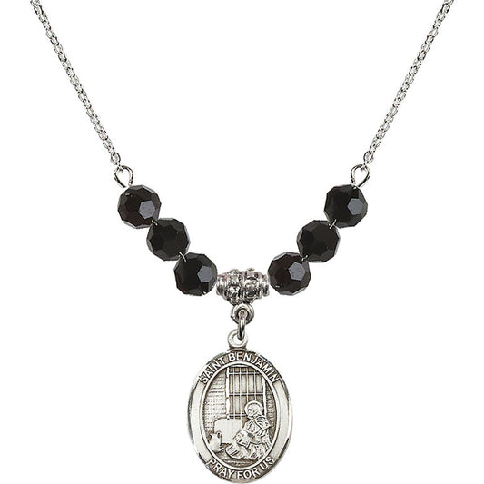 Sterling Silver Saint Benjamin Birthstone Necklace with Jet Beads - 8013