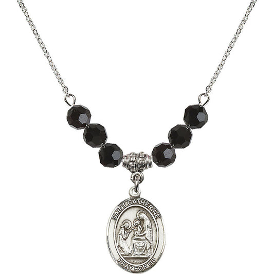 Sterling Silver Saint Catherine of Siena Birthstone Necklace with Jet Beads - 8014