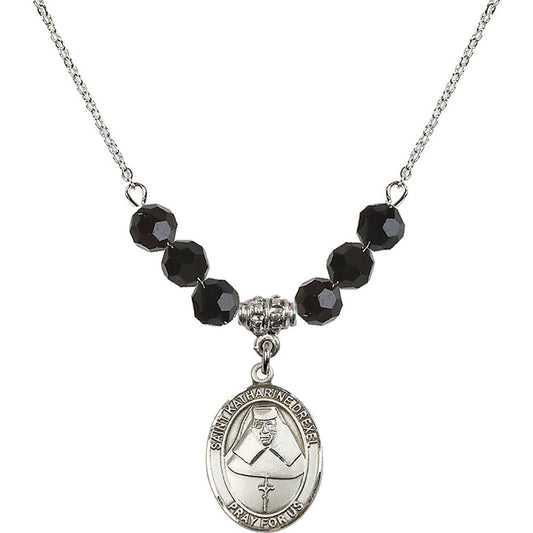 Sterling Silver Saint Katharine Drexel Birthstone Necklace with Jet Beads - 8015