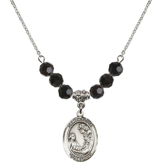 Sterling Silver Saint Cecilia Birthstone Necklace with Jet Beads - 8016