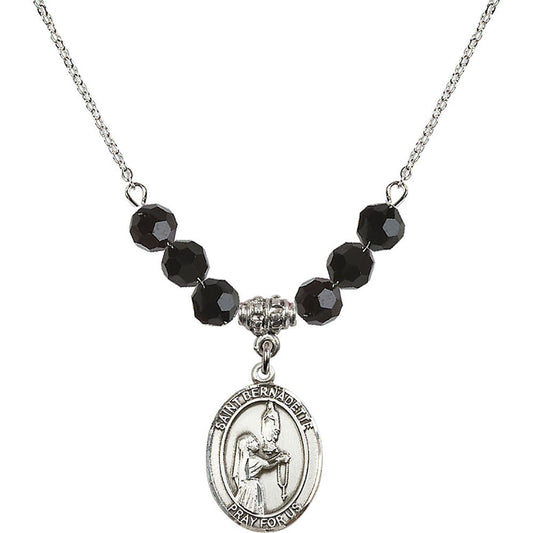 Sterling Silver Saint Bernadette Birthstone Necklace with Jet Beads - 8017