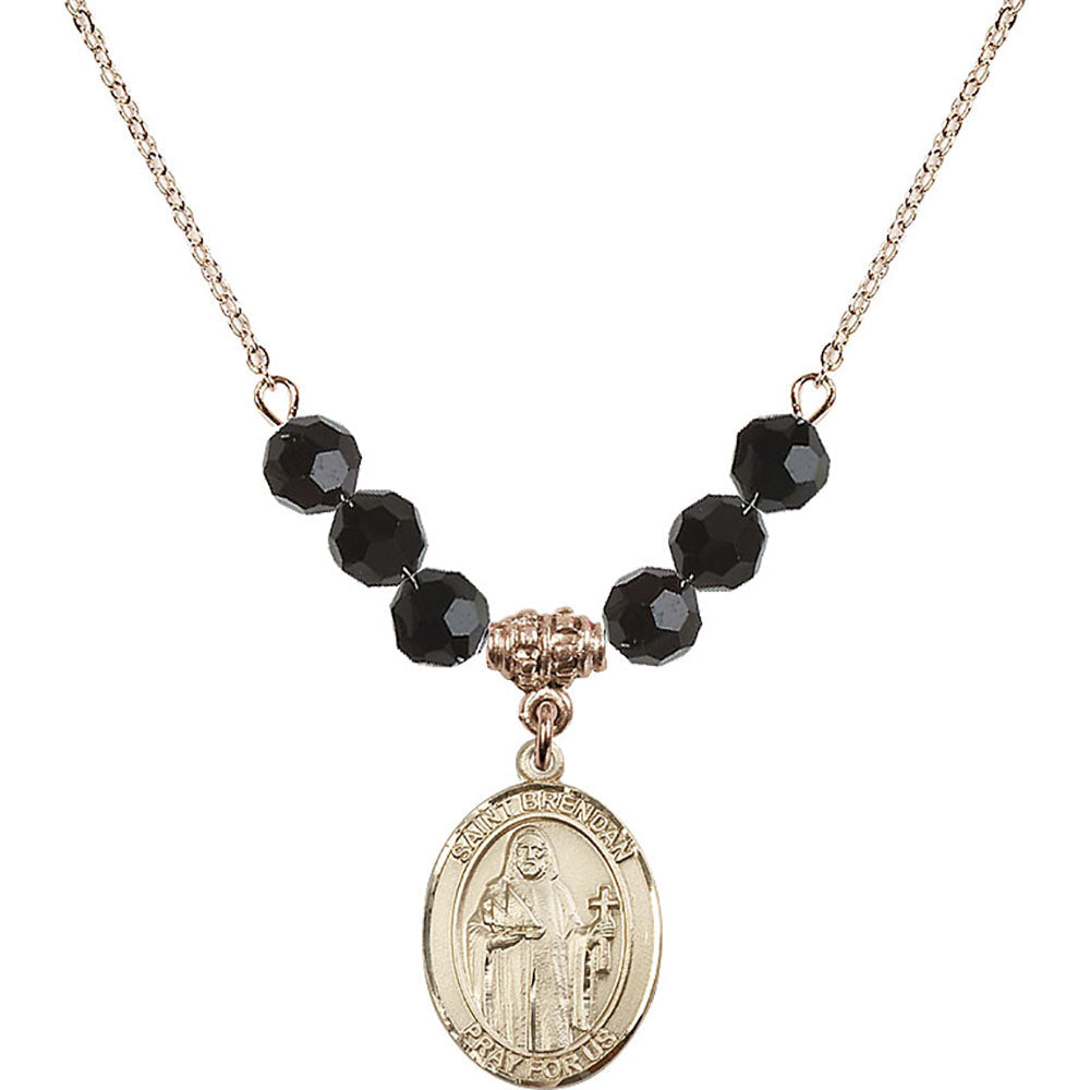 14kt Gold Filled Saint Brendan the Navigator Birthstone Necklace with Jet Beads - 8018
