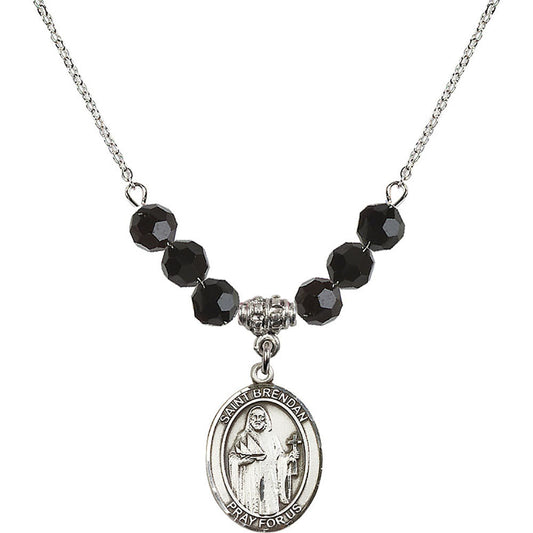 Sterling Silver Saint Brendan the Navigator Birthstone Necklace with Jet Beads - 8018