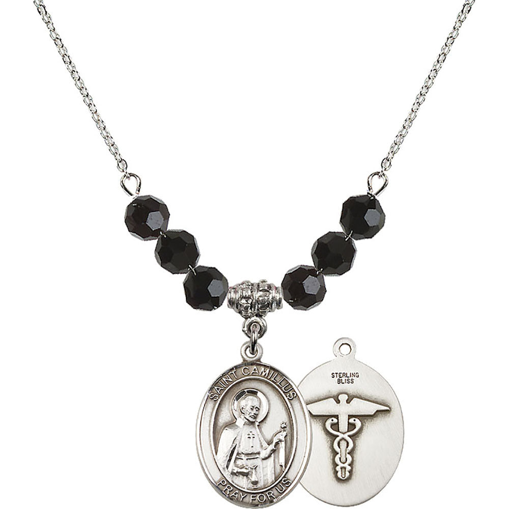 Sterling Silver Saint Camillus of Lellis / Nurse Birthstone Necklace with Jet Beads - 8019