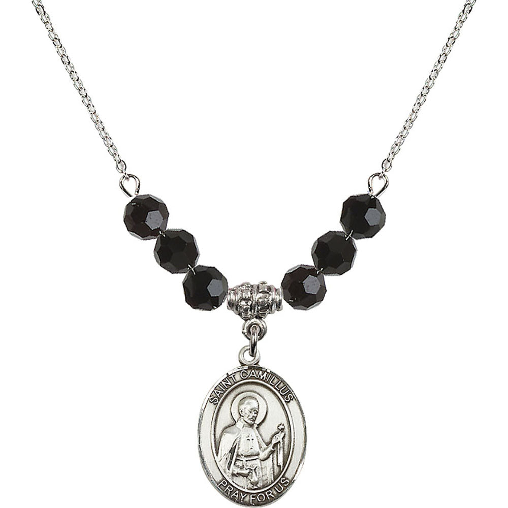 Sterling Silver Saint Camillus of Lellis Birthstone Necklace with Jet Beads - 8019
