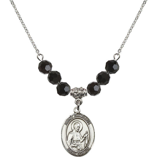 Sterling Silver Saint Camillus of Lellis Birthstone Necklace with Jet Beads - 8019