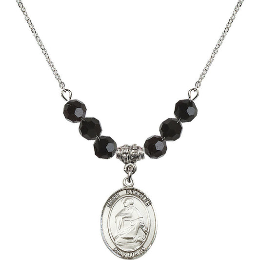 Sterling Silver Saint Charles Borromeo Birthstone Necklace with Jet Beads - 8020