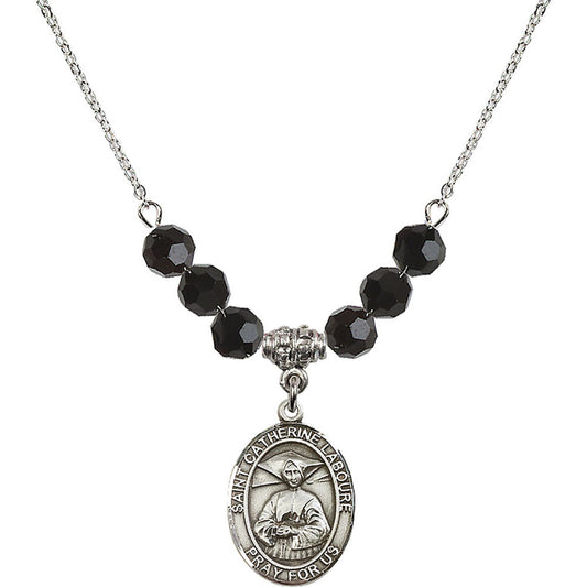 Sterling Silver Saint Catherine Laboure Birthstone Necklace with Jet Beads - 8021