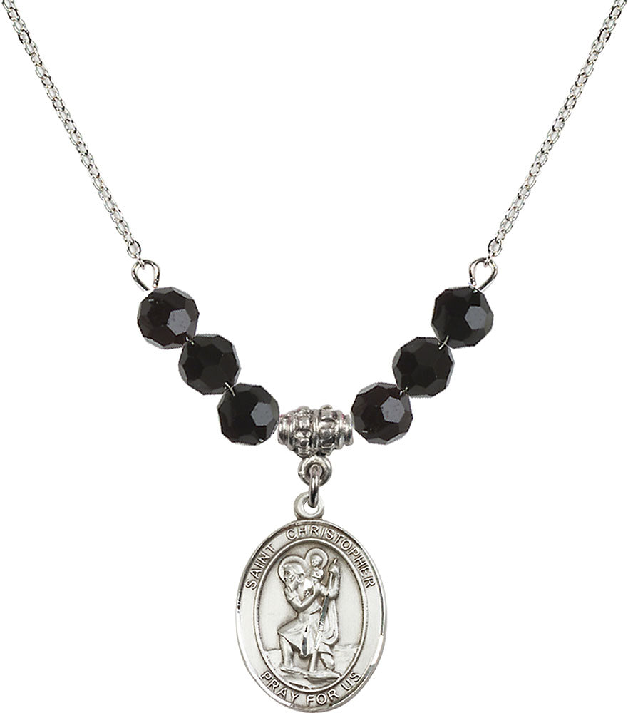 Sterling Silver Saint Christopher Birthstone Necklace with Jet Beads - 8022