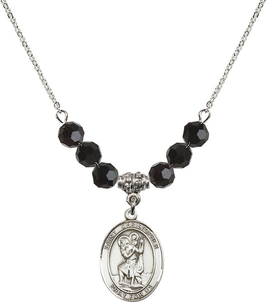 Sterling Silver Saint Christopher Birthstone Necklace with Jet Beads - 8022