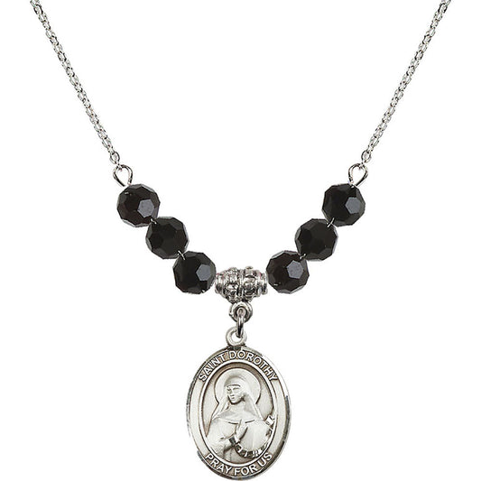 Sterling Silver Saint Dorothy Birthstone Necklace with Jet Beads - 8023