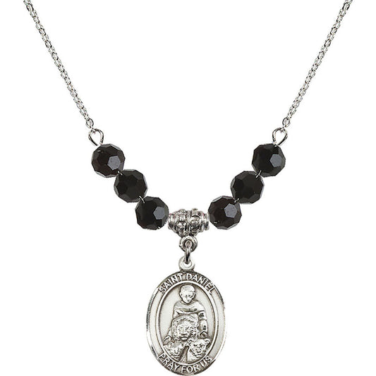 Sterling Silver Saint Daniel Birthstone Necklace with Jet Beads - 8024
