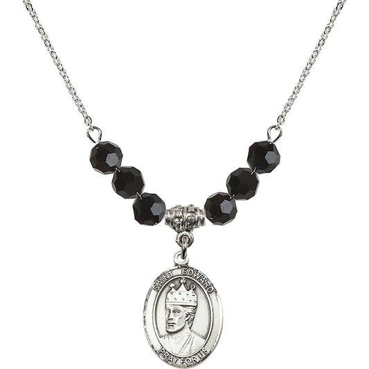 Sterling Silver Saint Edward the Confessor Birthstone Necklace with Jet Beads - 8026