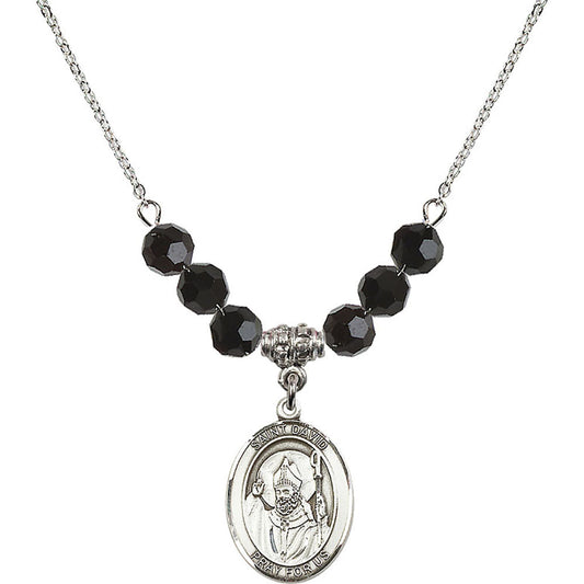 Sterling Silver Saint David of Wales Birthstone Necklace with Jet Beads - 8027