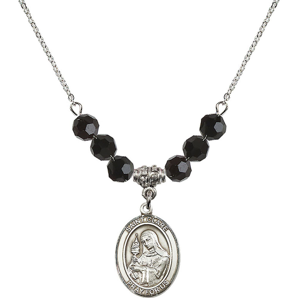 Sterling Silver Saint Clare of Assisi Birthstone Necklace with Jet Beads - 8028