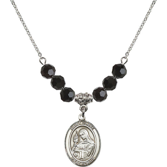 Sterling Silver Saint Clare of Assisi Birthstone Necklace with Jet Beads - 8028