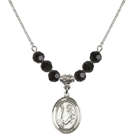 Sterling Silver Saint Dominic de Guzman Birthstone Necklace with Jet Beads - 8030