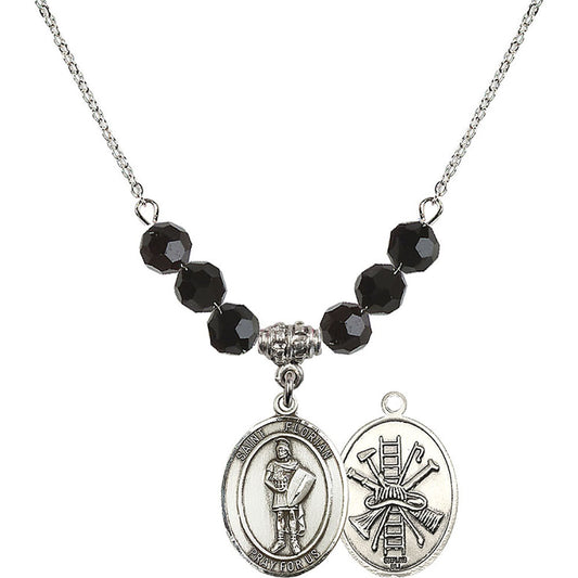 Sterling Silver Saint Florian/Firefighter Birthstone Necklace with Jet Beads - 8034