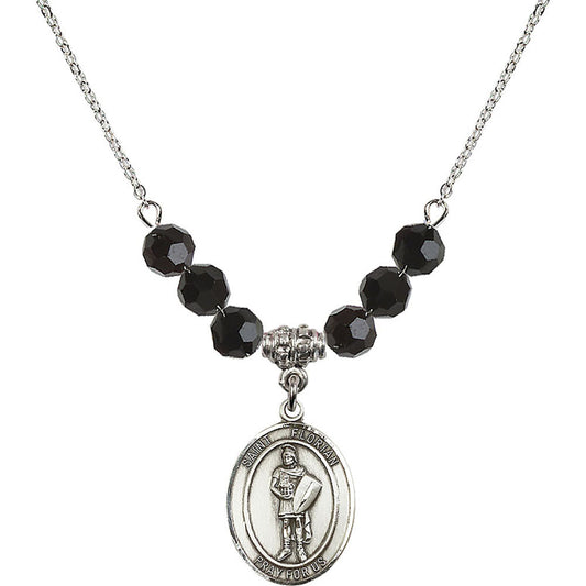 Sterling Silver Saint Florian Birthstone Necklace with Jet Beads - 8034