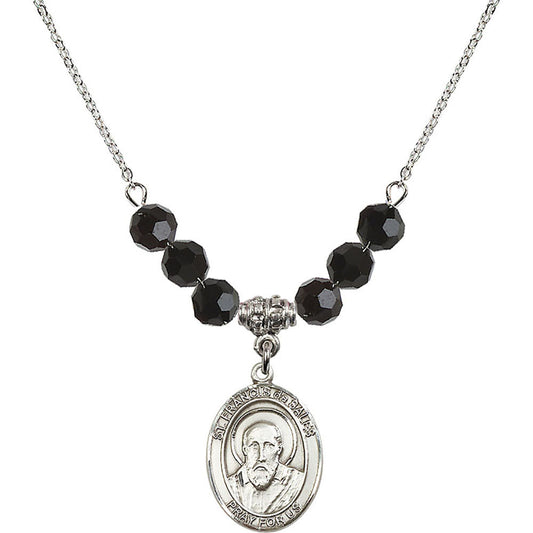 Sterling Silver Saint Francis de Sales Birthstone Necklace with Jet Beads - 8035