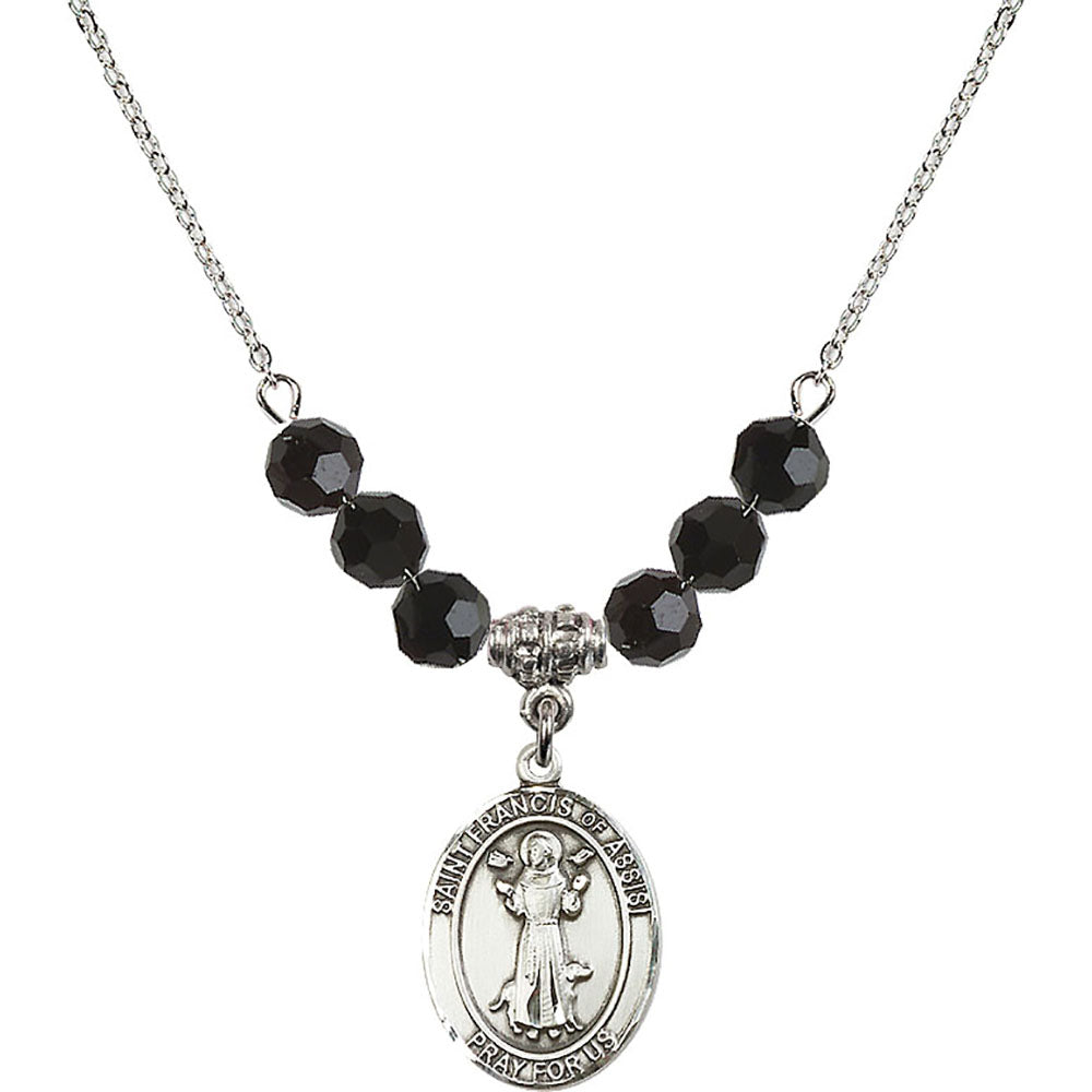Sterling Silver Saint Francis of Assisi Birthstone Necklace with Jet Beads - 8036