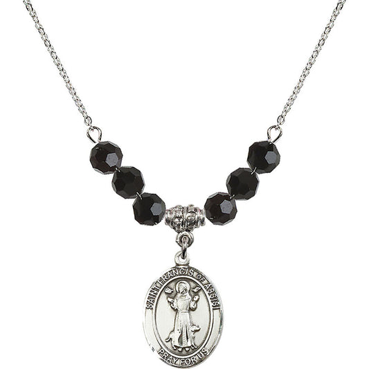 Sterling Silver Saint Francis of Assisi Birthstone Necklace with Jet Beads - 8036