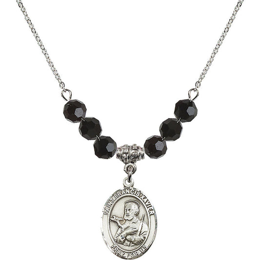 Sterling Silver Saint Francis Xavier Birthstone Necklace with Jet Beads - 8037