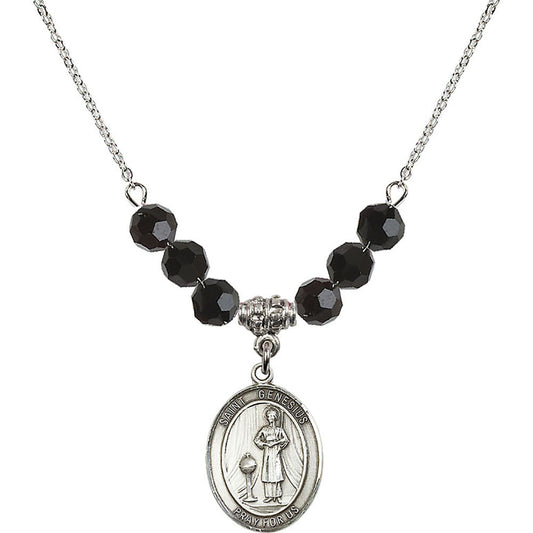 Sterling Silver Saint Genesius of Rome Birthstone Necklace with Jet Beads - 8038