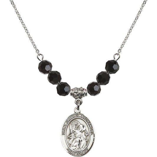 Sterling Silver Saint Gabriel the Archangel Birthstone Necklace with Jet Beads - 8039